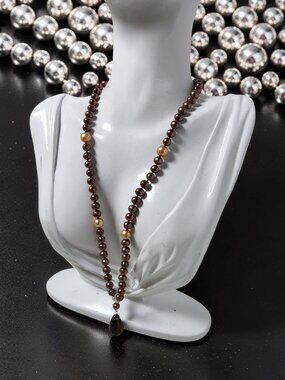 Vintage Sterling Silver Clasp Chocolate & Peach Pearl Beaded Necklace With Teard